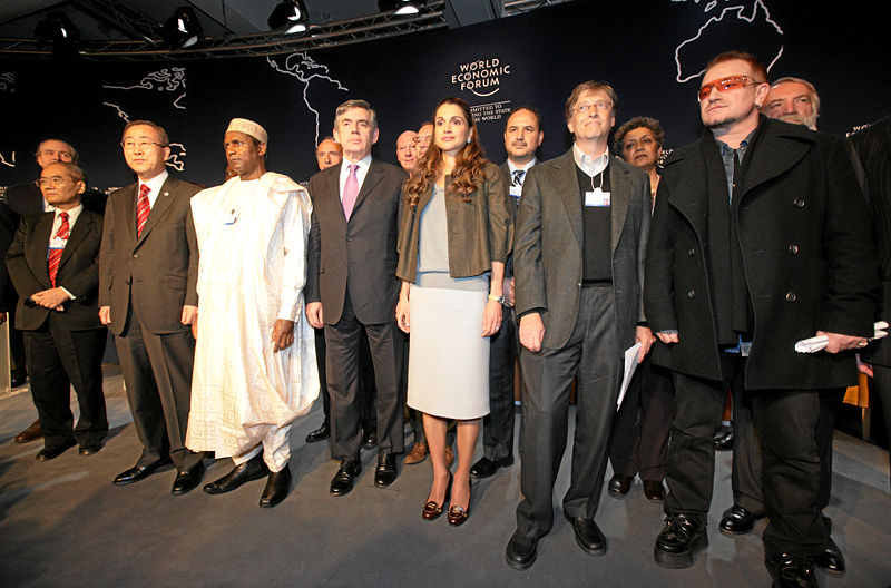 Gates (second from right) with Bono, Queen Rania of Jordan, British Prime Minister Gordon Brown, President Yar Adua of Nigeria and other participants in a 'Call to Action on the Millenium Development Goals' during the Annual Meeting 2008 of the World Economic Forum in Davos, Switzerland.